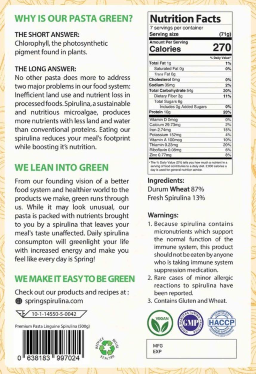 Premium Pasta LINGUINE Spirulina 13.4 Protein Spring Spirulina TH
